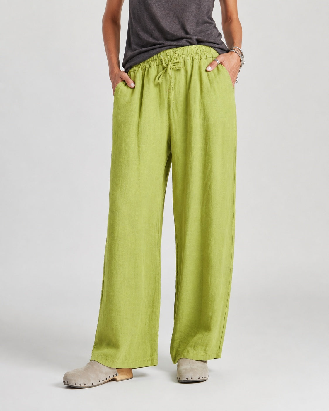 Pantaloni drepți din in cu șiret în talie, nuanța verde fistic, All Above Boutique.