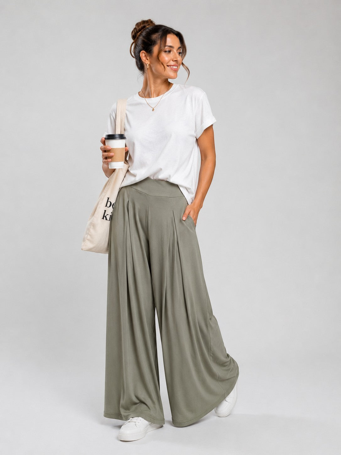 Pantaloni palazzo kaki cu design amplu și material lejer
