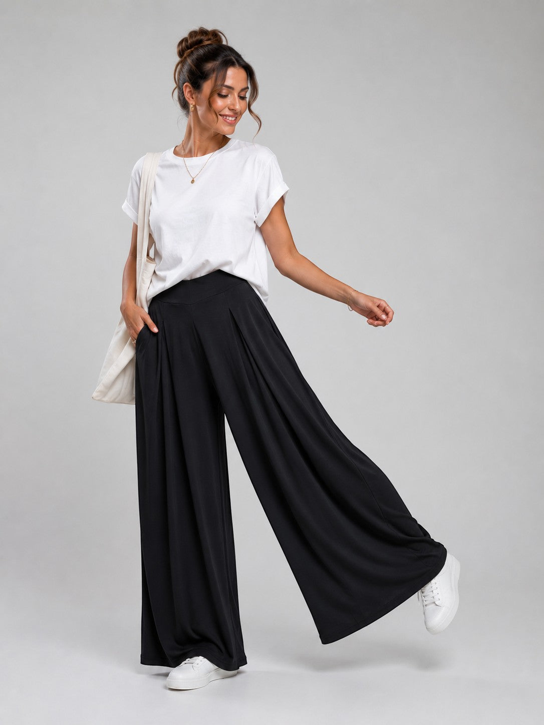 Pantaloni palazzo negri cu talie elastică și stil elegant casual
