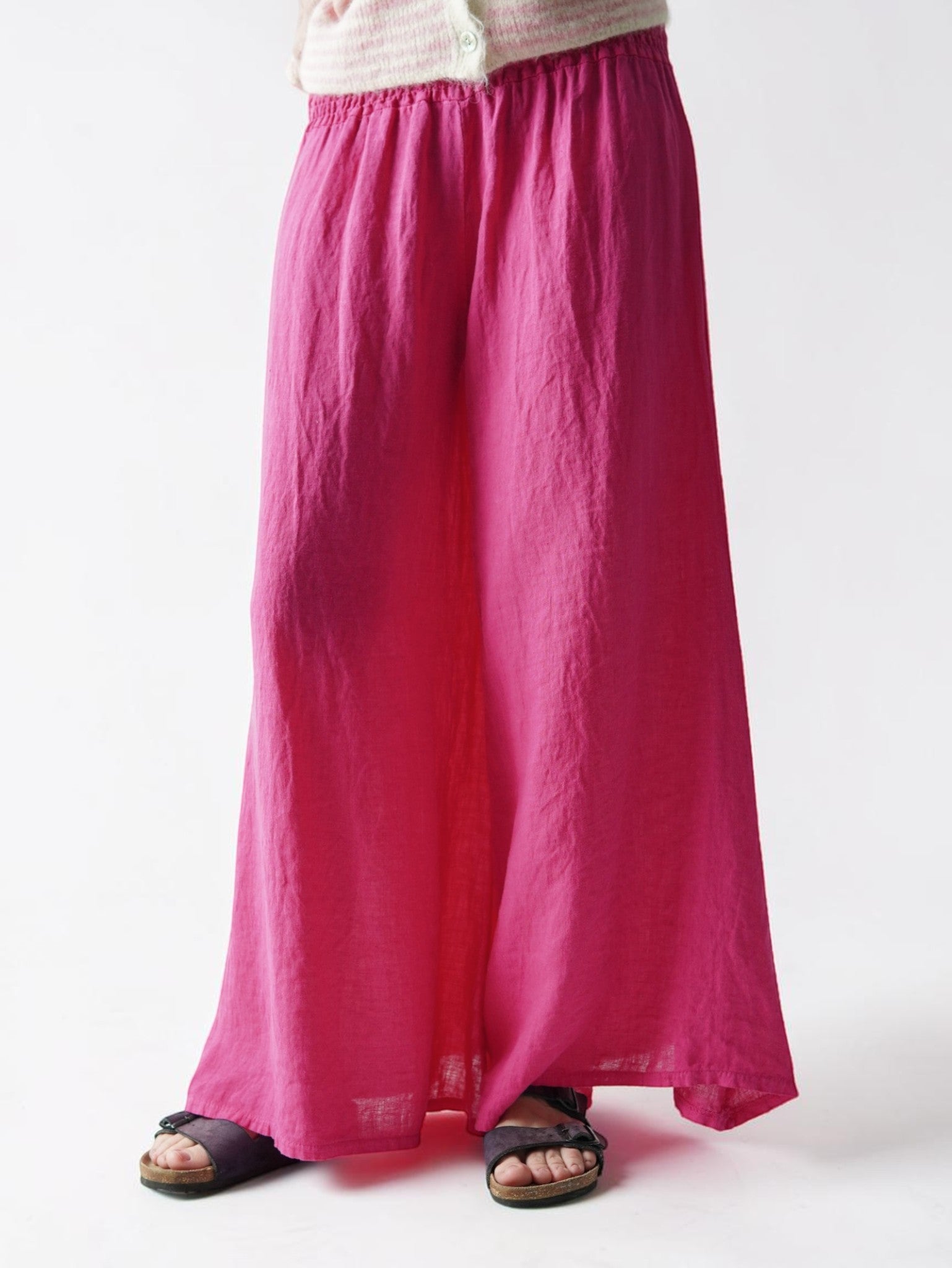 Pantaloni din in evazați fucsia, eleganți și comozi