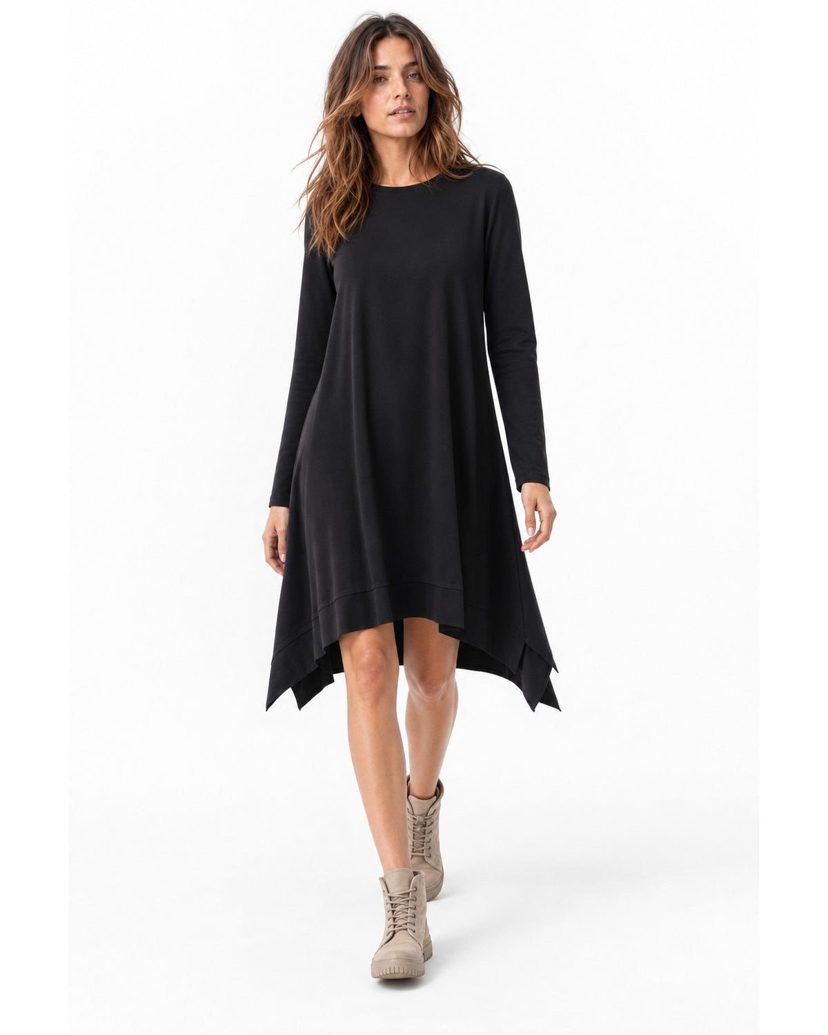 Rochie A-line neagră din jerseu, cu tiv asimetric în colțuri, model în mers - All Above Boutique