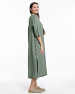 All Above Boutique sage green linen midi dress with side buttons and side slit, 3/4 sleeves.