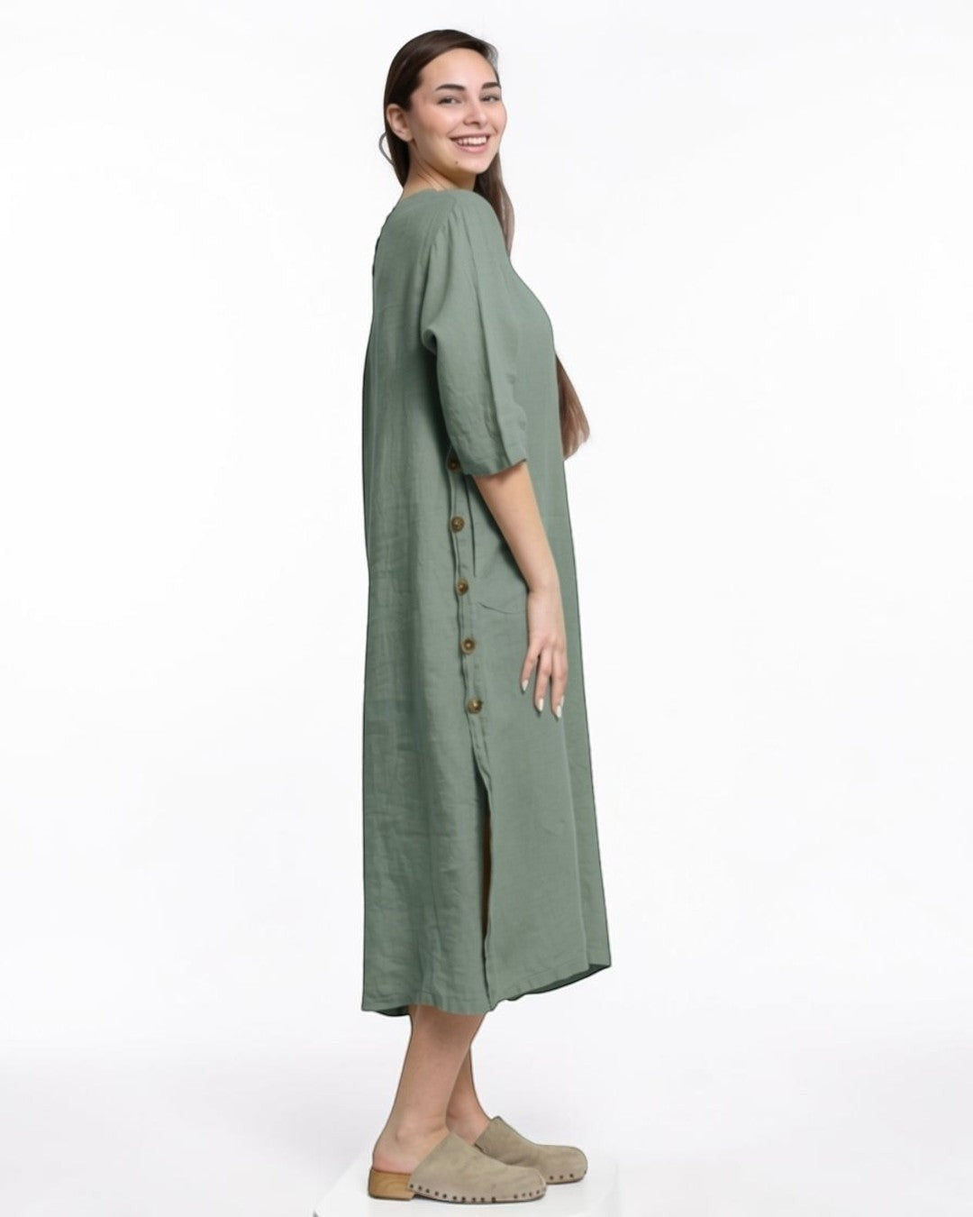 All Above Boutique sage green linen midi dress with side buttons and side slit, 3/4 sleeves.