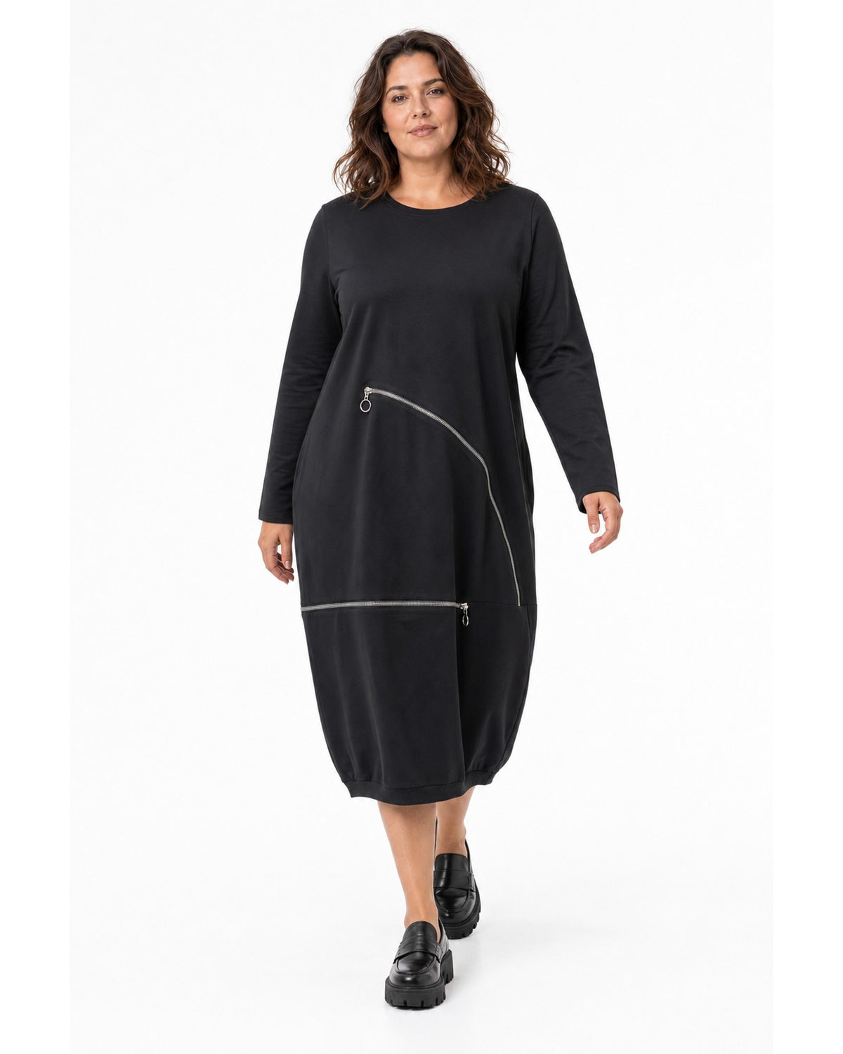 Rochie midi neagră cu fermoare aplicate, model în mers - All Above Boutique