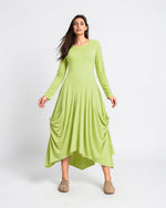 Rochie balon verde vibrant cu efect asimetric și lejer