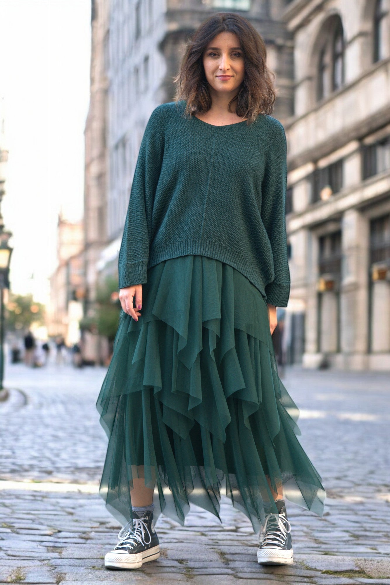 Set Rochie Din Tul Cu Volane Și Pulover Tricotat