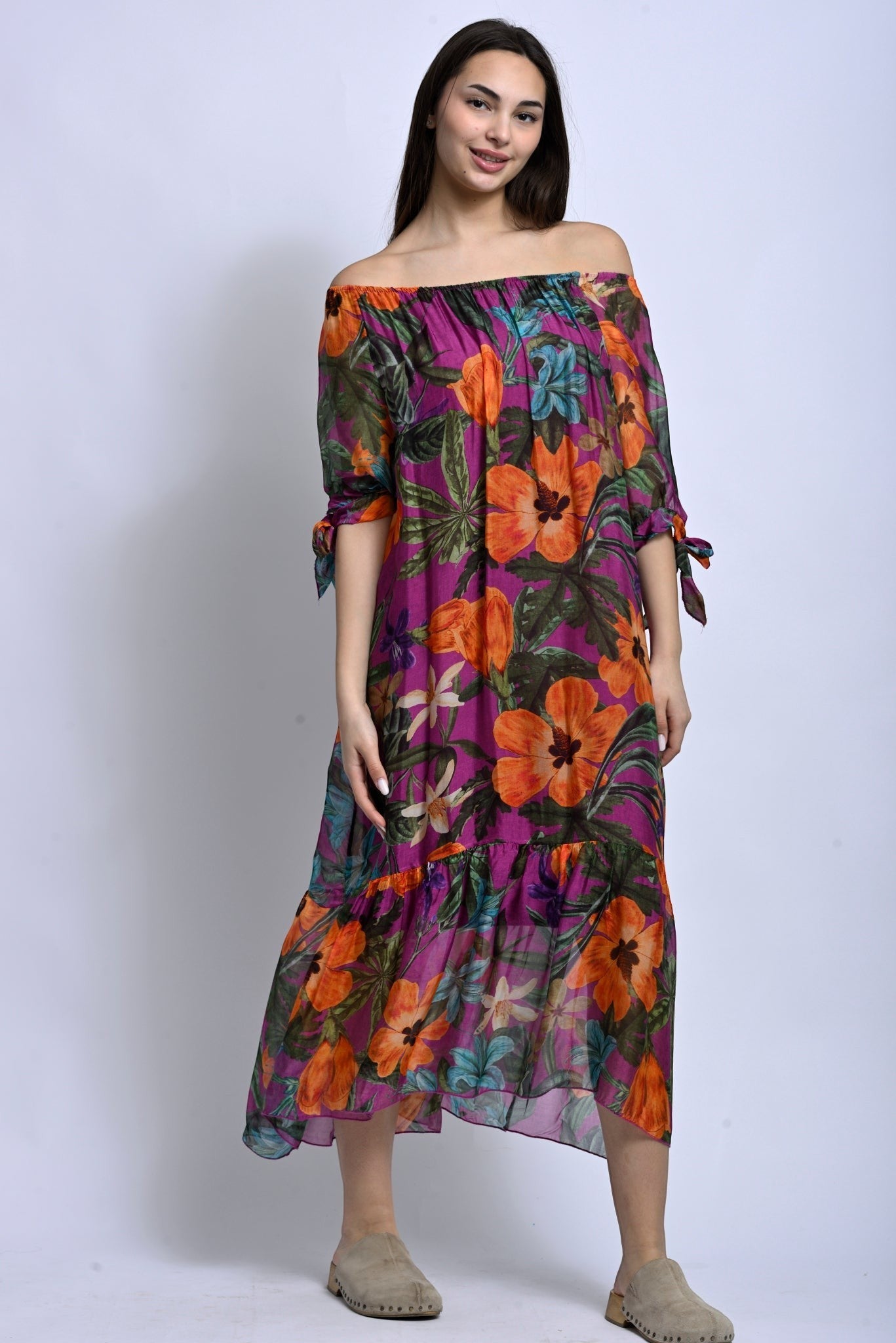 Rochie lungă din mătase cu imprimeu floral, vedere din față