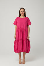 Rochie midi roz din bumbac cu volum și tiv creț feminin