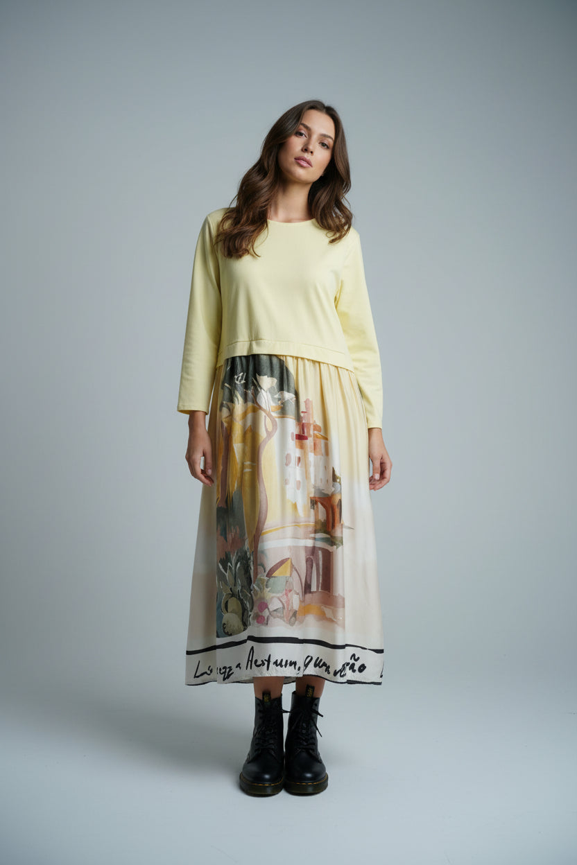 Rochie midi cu imprimeu Amalfi în nuanțe galbene