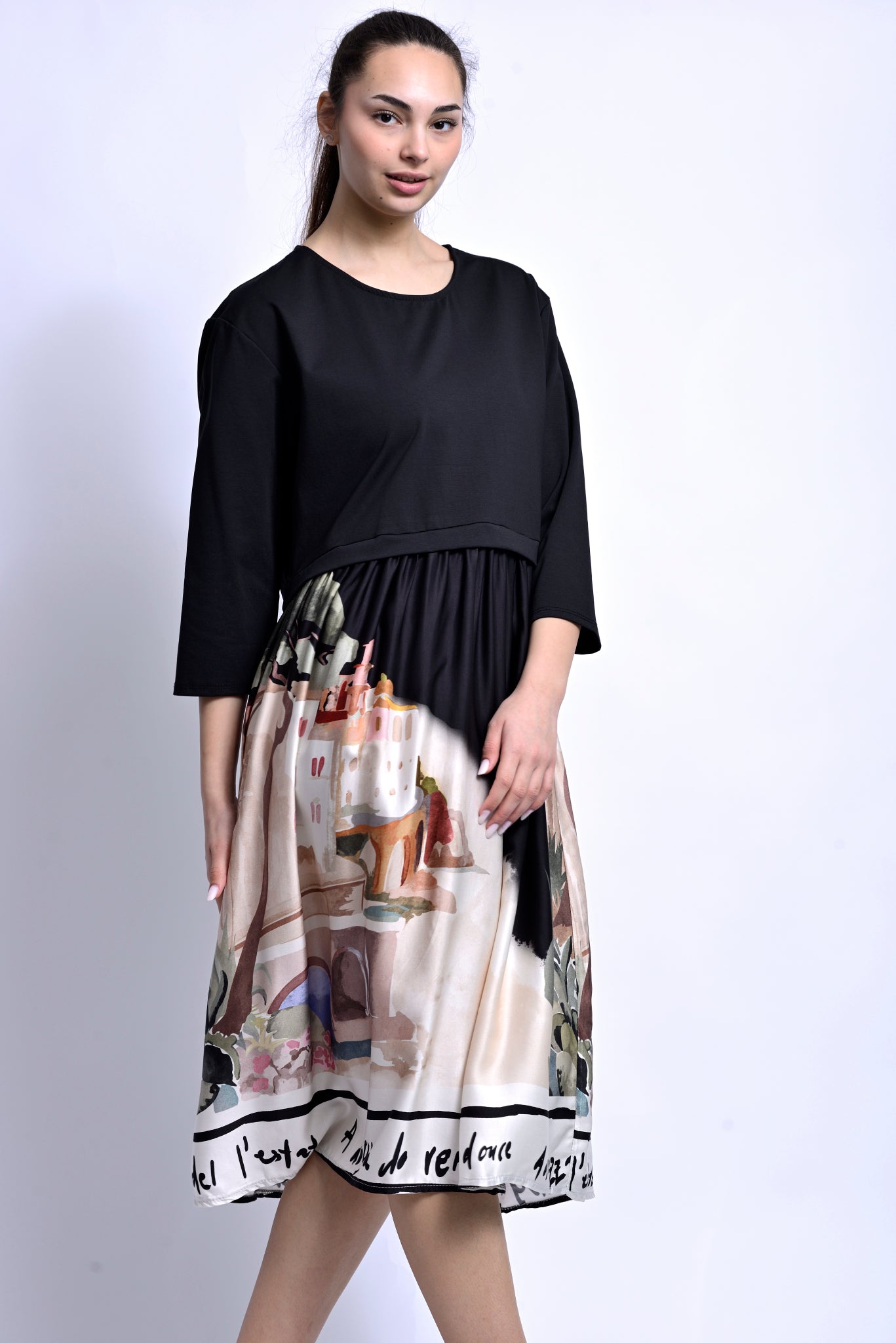 Rochie midi neagră cu imprimeu Amalfi, vedere față