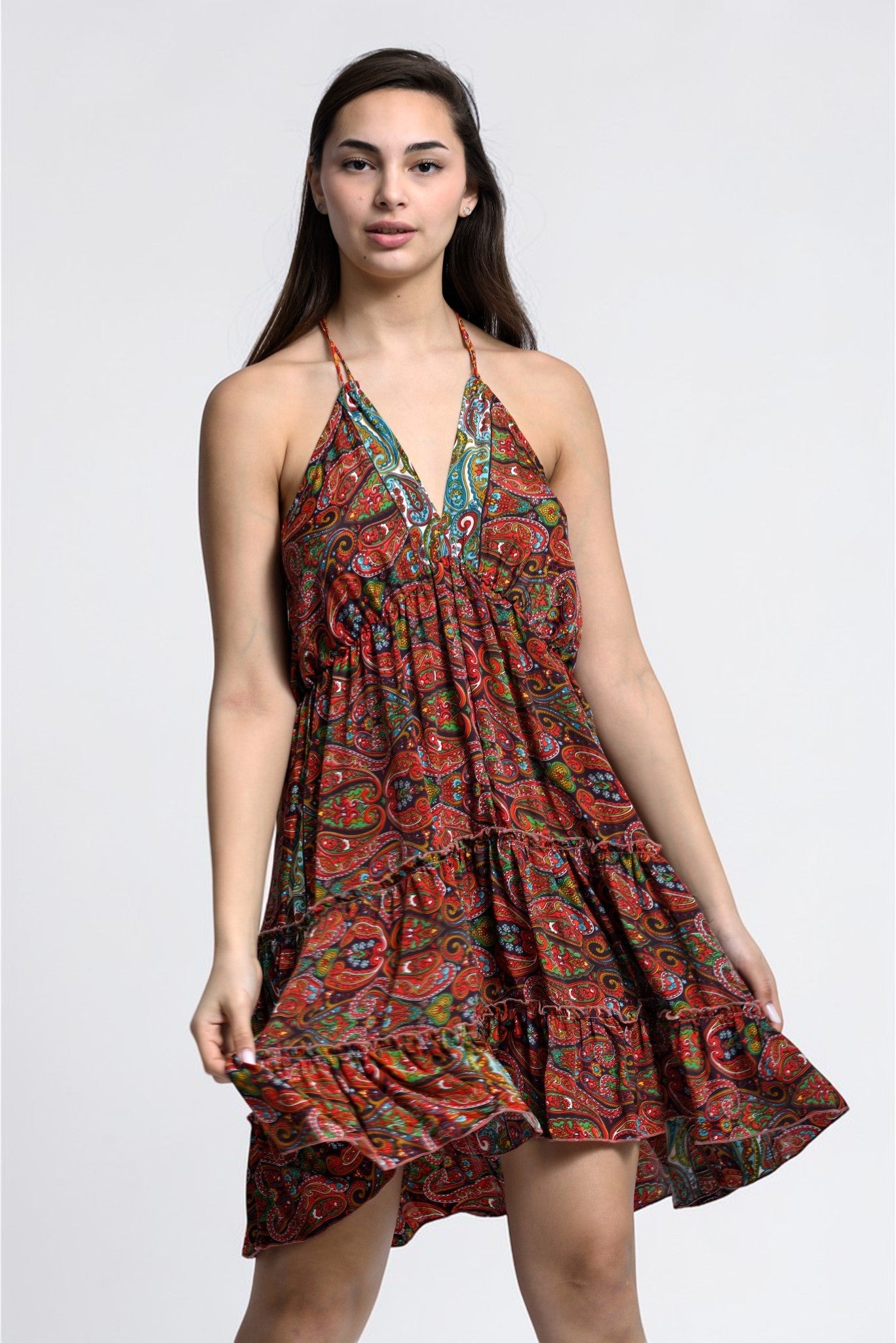 Rochie de plajă boho babydoll de mătase cu volane, imprimeu cărămiziu, vedere din față