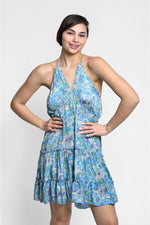 Rochie de plajă boho babydoll de mătase cu volane, imprimeu turcoaz, vedere din spate