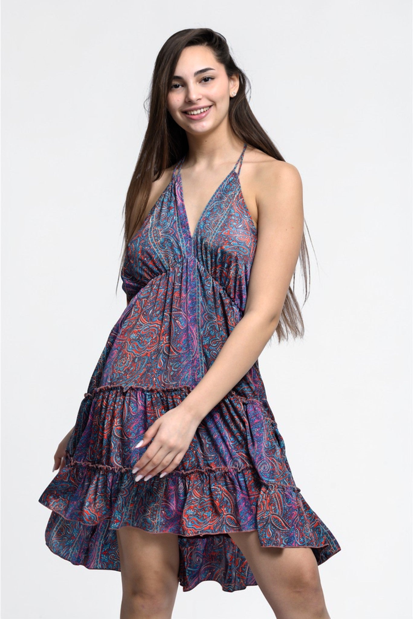 Rochie de plajă boho babydoll de mătase cu volane, imprimeu mov, vedere din față