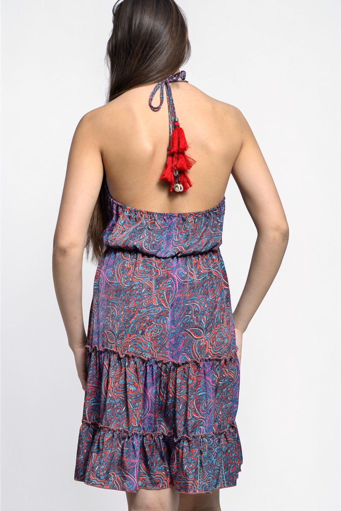 Rochie de plajă boho babydoll de mătase cu volane, imprimeu mov, vedere din spate