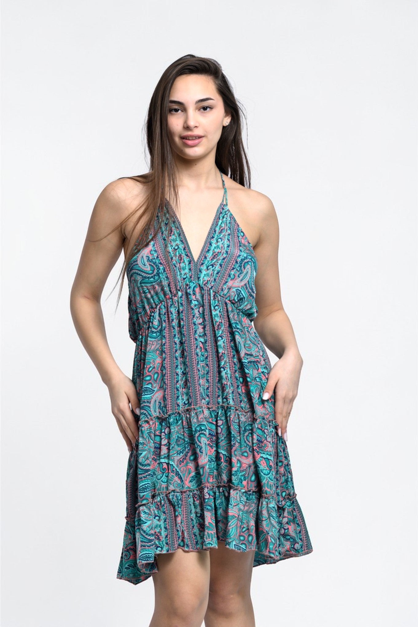 Rochie de plajă boho babydoll de mătase cu volane, imprimeu turcoaz, vedere din față