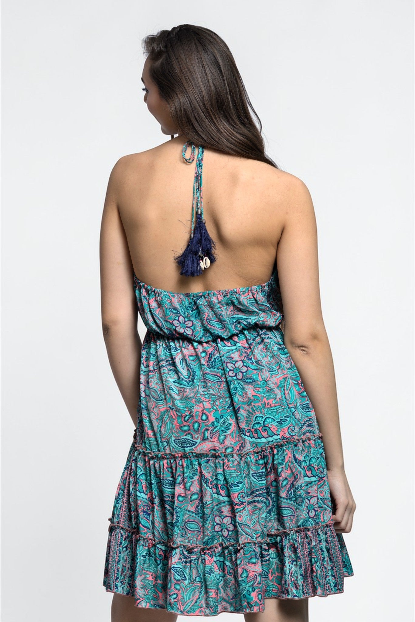 Rochie de plajă boho babydoll de mătase cu volane, imprimeu turcoaz, vedere din spate