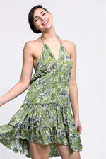 Rochie de plajă boho babydoll de mătase cu volane, imprimeu verde, vedere din față