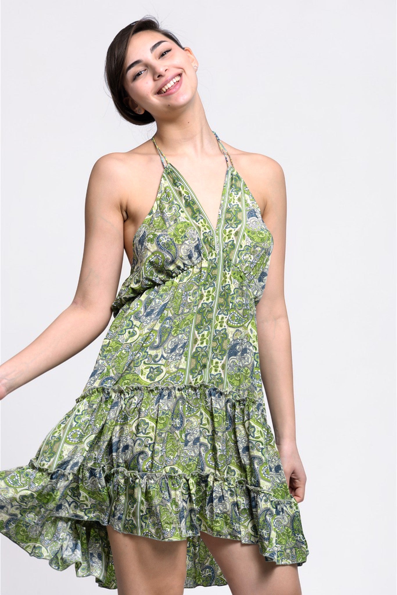 Rochie de plajă boho babydoll de mătase cu volane, imprimeu verde, vedere din față