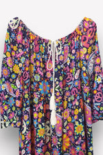 Rochie scurtă din viscoză, cu imprimeu floral colorat și mânecă cu volan