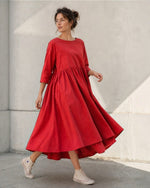 Rochie midi babydoll din bumbac rosie, vedere ansamblu, croială lejeră feminină — All Above Boutique.