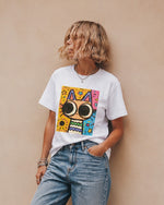 Tricou casual damă cu imprimeu colorat cu pisică artistică. All Above Boutique.