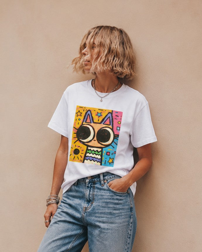 Tricou casual damă cu imprimeu colorat cu pisică artistică. All Above Boutique.