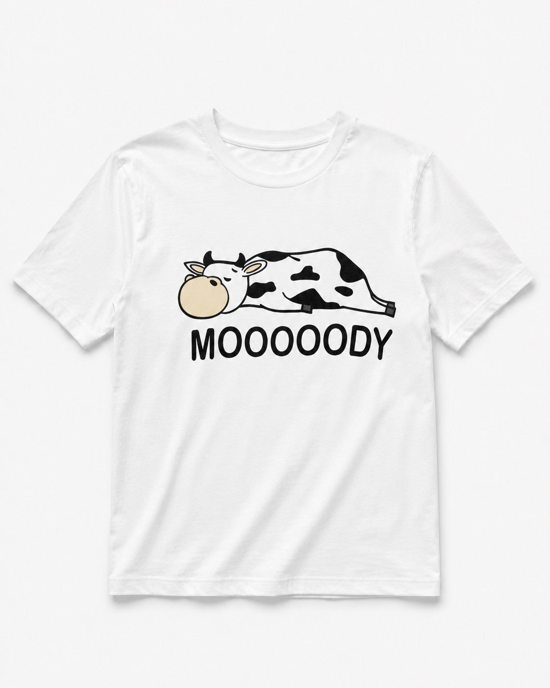 Tricou alb de damă cu imprimeu amuzant cu văcuță și text Moooody