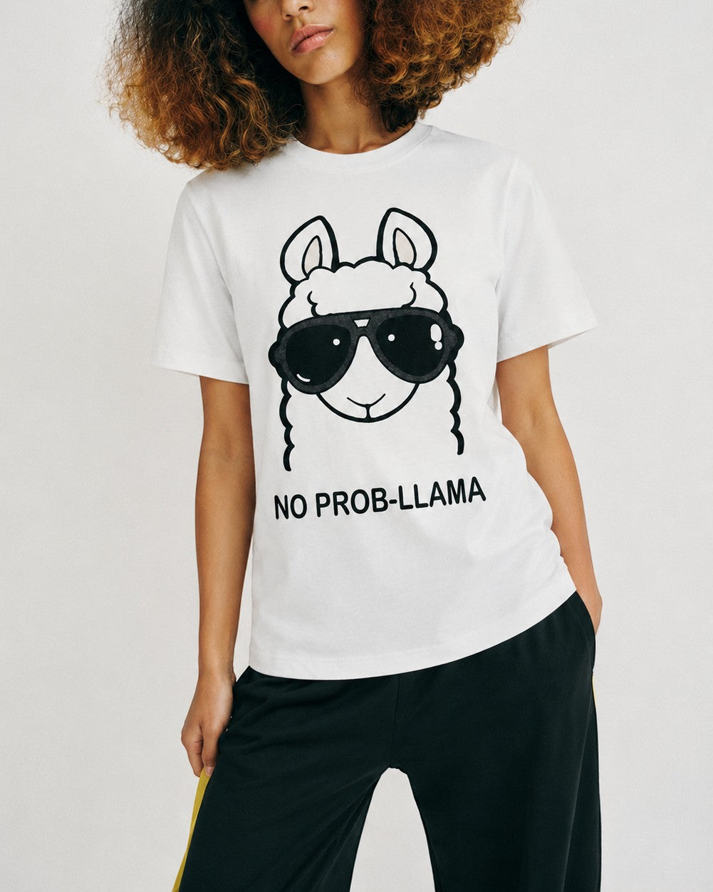 Femeie purtând tricou alb cu imprimeu lama și mesaj No Prob-Llama