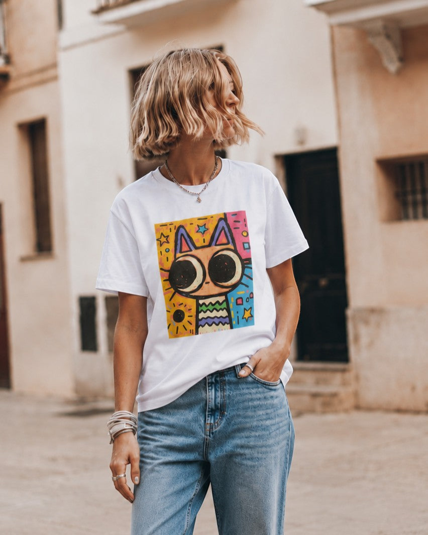 Femeie purtând tricou alb cu imprimeu artistic cu pisică colorată. All Above Boutique.