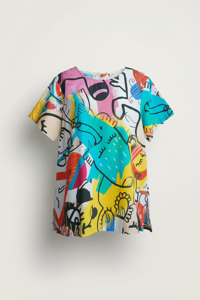 Tricou damă cu imprimeu artistic graffiti în culori vibrante
