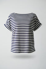 Tricou basic navy cu dungi, croială lejeră, vedere din față