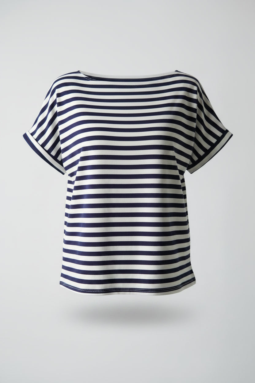 Tricou basic navy cu dungi, croială lejeră, vedere din față