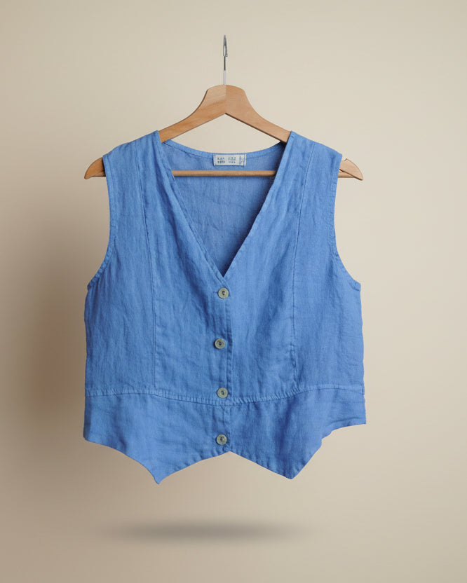 Vestă din in bleu, lejeră și elegantă pentru vară