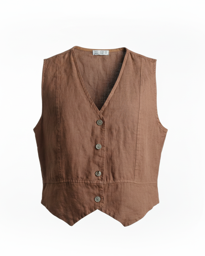Vestă din in maro cu croială dreaptă și închidere cu nasturi